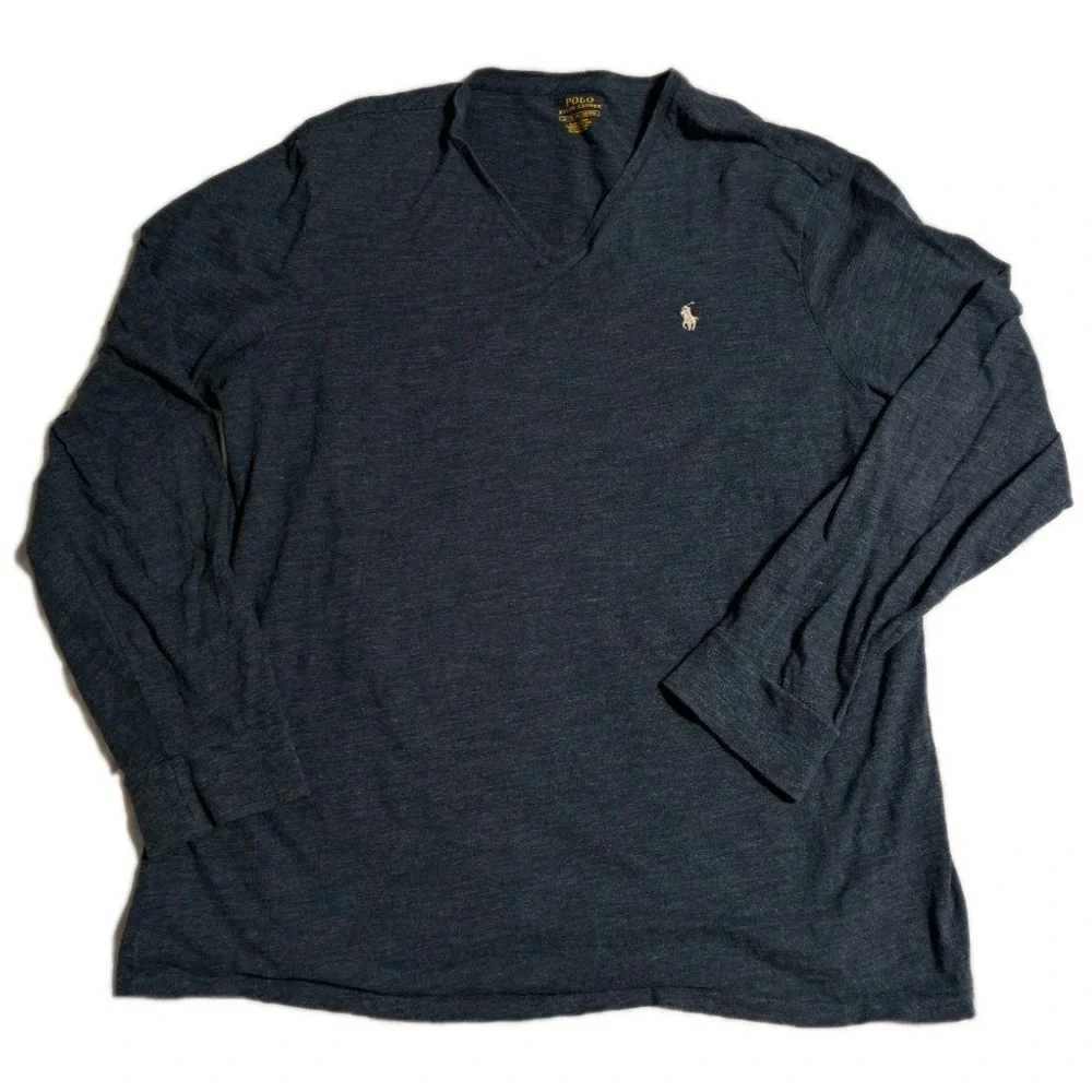 Polo Ralph Lauren V Neck Long Sleeve Shirt‎ Mens XL Blue Jersey Cotton Pony